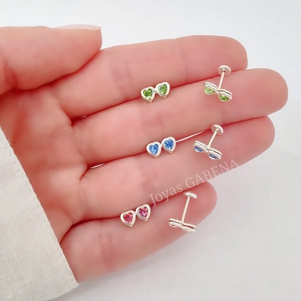 aros abridores doble corazon azul plata