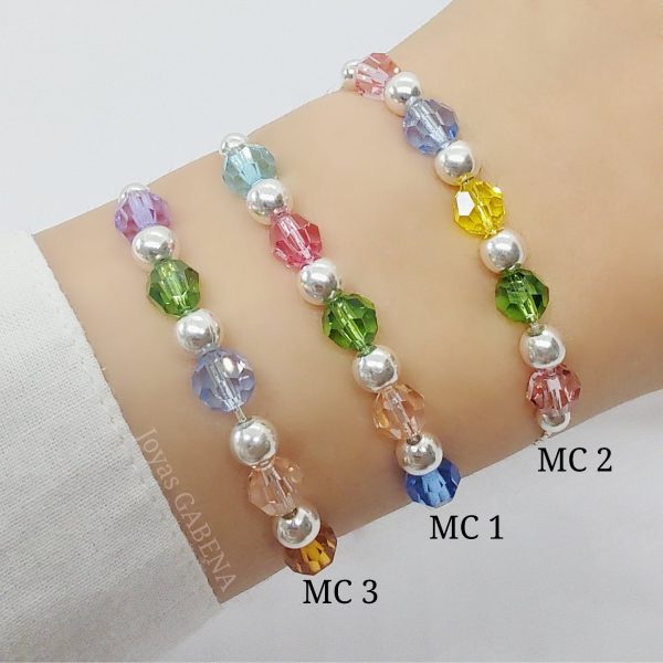pulsera ajustable bolitas y cristales plata 925