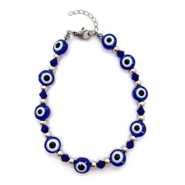 Pulsera Cristal y Ojo Turco Acero Quirúrgico - Azul 8 mm 18 a 22 cm