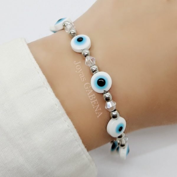 Pulsera Cristal y Ojo Turco Acero Quirúrgico - Blanco 8 mm 18 a 22 cm