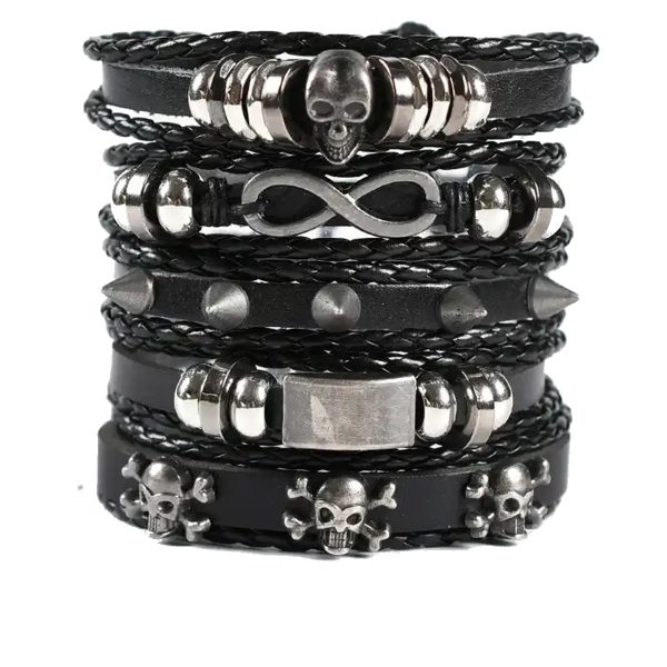 Pulsera Hombre Set 5 En 1 Cuero Sintetico - Calavera