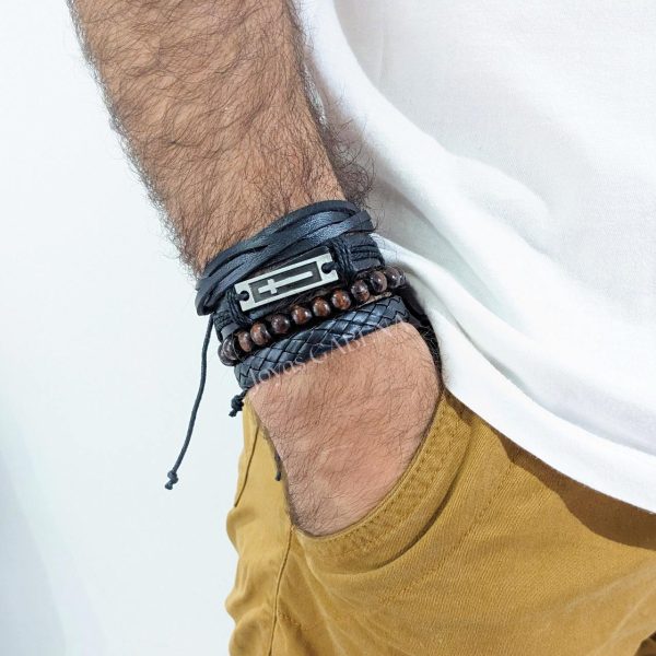 pulsera hombre cuero sintético cruz