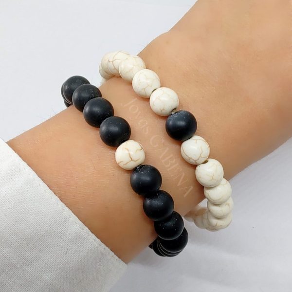 Pulseras Piedras Naturales Pareja Amistad Elástica howlita y onix 1