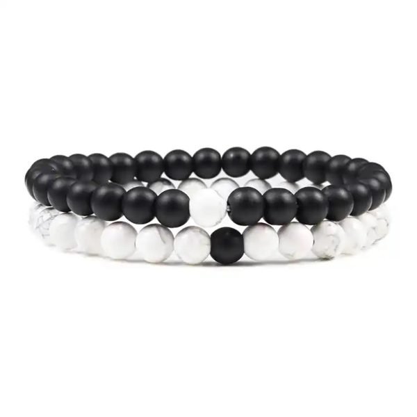 Pulseras Piedras Naturales Pareja Amistad Elastisada - Howlite & matt onyx