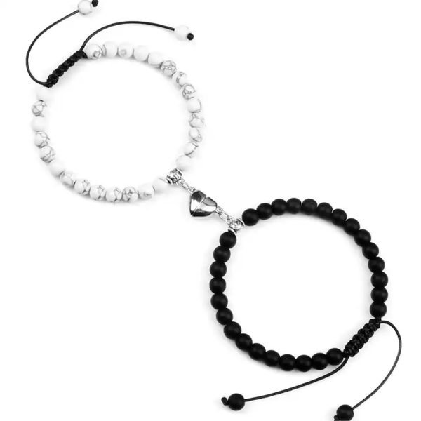 Pulseras Piedras Naturales Parejas Iman Corazón - Lava & Turquesa Blanco