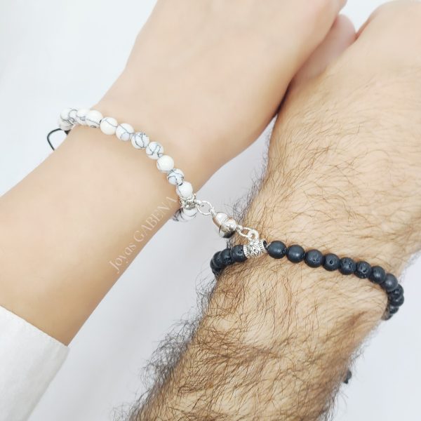 Pulseras Piedras Naturales Parejas Iman Corazón - Lava & Turquesa Blanco