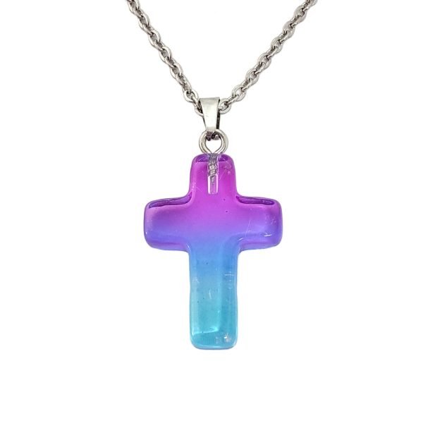 Collar Cruz Cristal Acero quirurgico - Violeta y Celeste