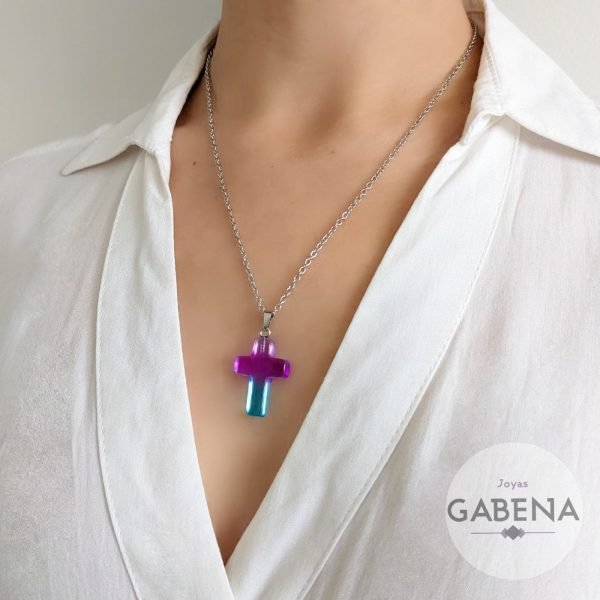 Collar Cruz Cristal Acero quirurgico - Violeta y Celeste